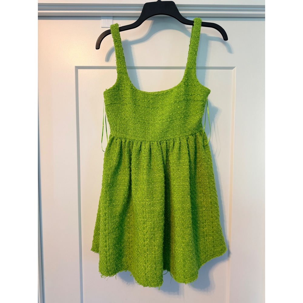 Zara Lime Green Tweed Mini Dress Square Neck Sleeveless Boucle Size XS